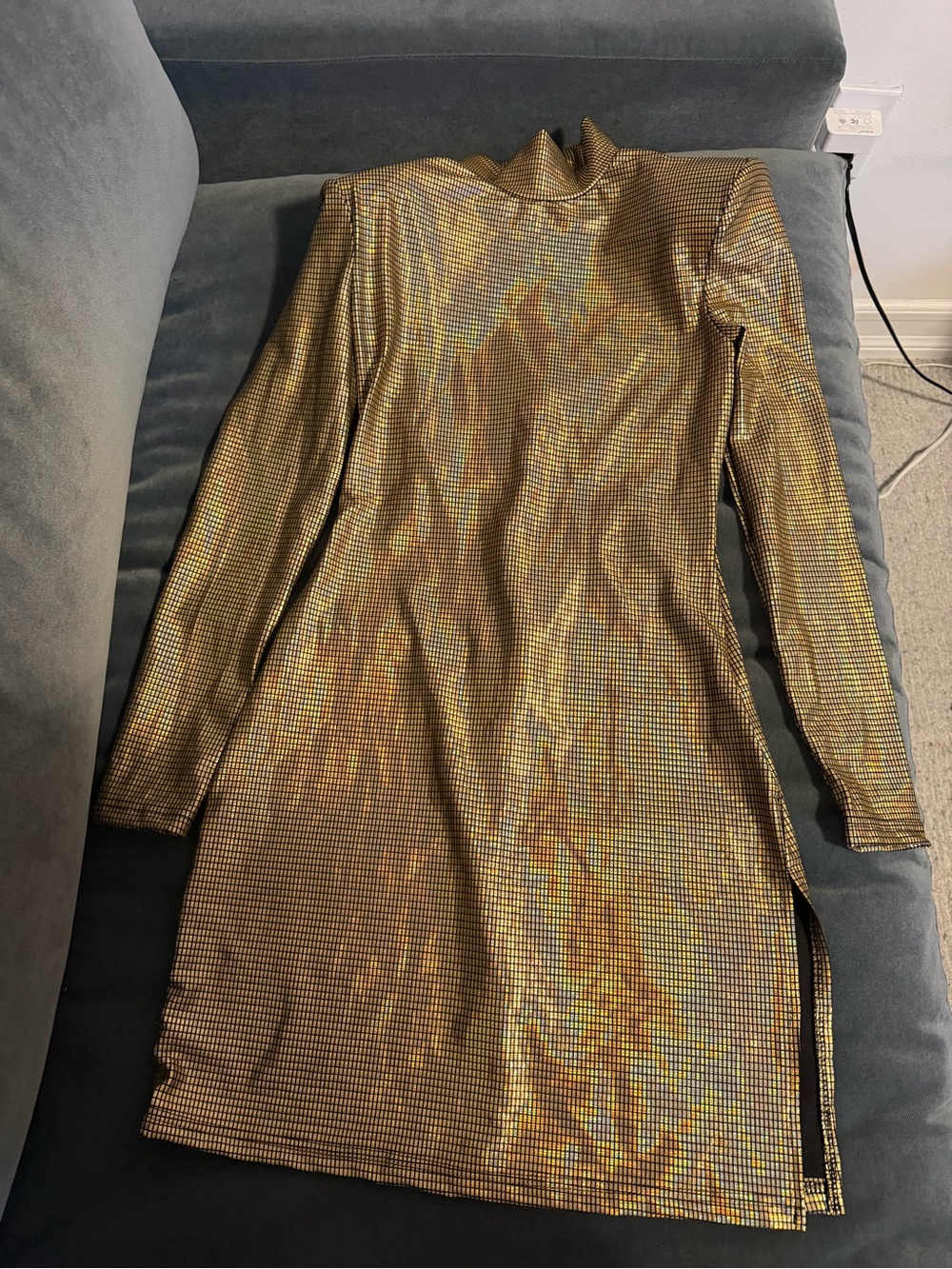 New Gold Metallic Long Sleeve Bodycon Dress with slit, size Small